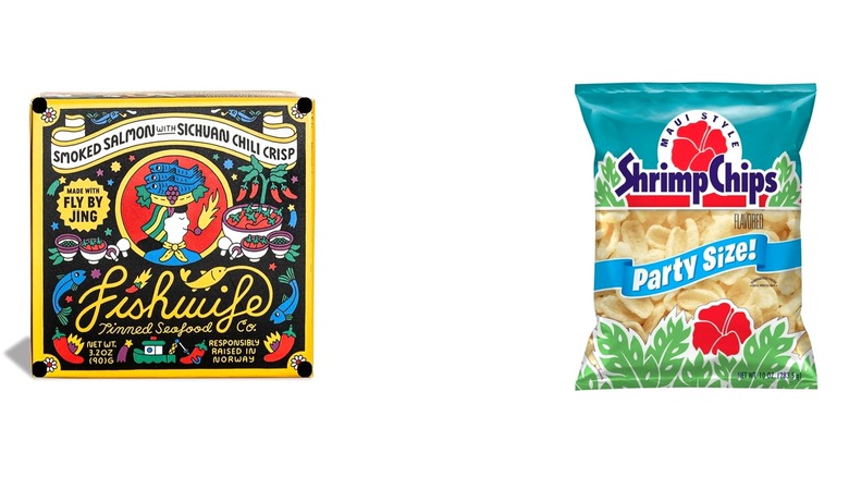A split image of Fishwife Smoked Salmon with Fly by Jing Sichuan Chili Crisp and Maui Style Shrimp Flavor Potato Chip Snack Chips on a white background