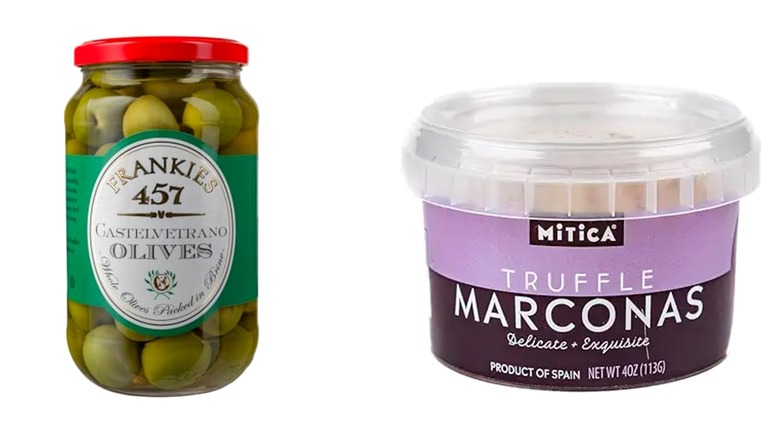 A split image of Mitica Truffle Marcona Almonds and Frankies 457 Whole Castelvetrano Olives on a white background