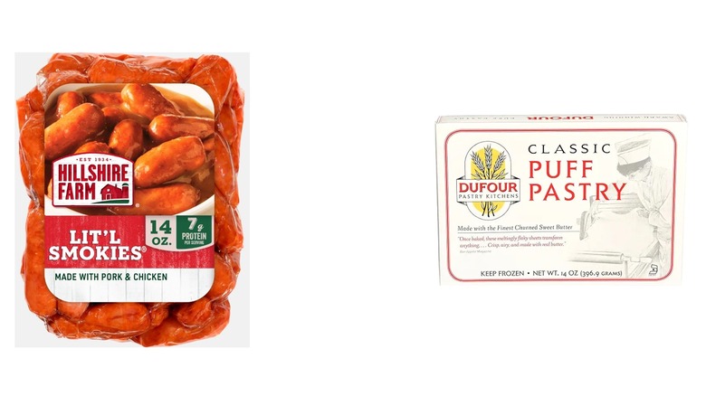 A split image of Hillshire Farm Lit'l Smokies Smoked Sausage Links and Dufour Classic Puff Pastry
