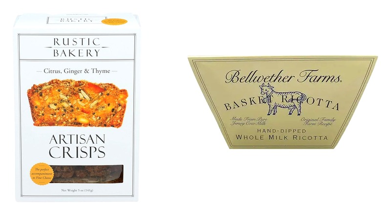 A spilt image of Rustic Bakery Crisps Ginger Thyme Crisps and Bellwether Farms Whole Milk Ricotta Basket on a white background