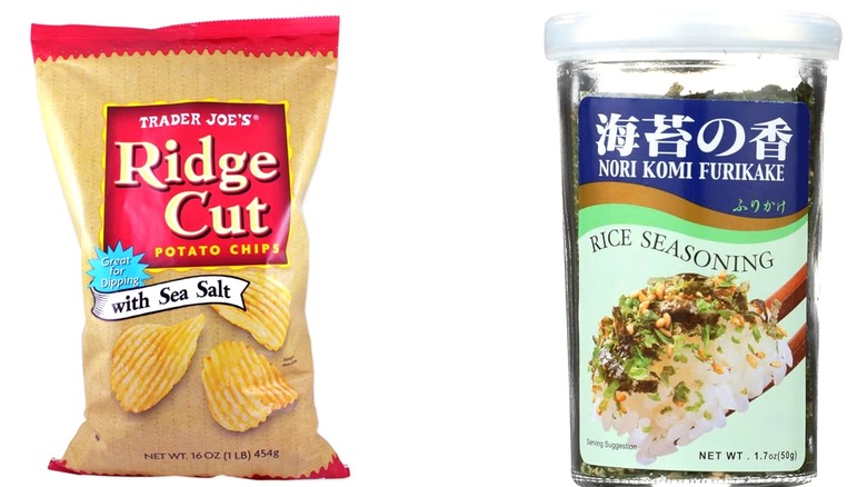 A split image of Trader Joe's Ridge Cut Potato Chips with Sea Salt and Nori Komi Furikake Rice Seasoning on a white background