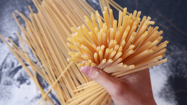 A person grasping a bundle of dried bucatini pasta