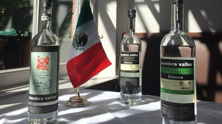 A bottle of Siembra Valles tequila in front of a brick wall