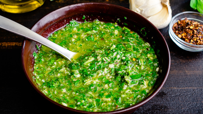 Closeup of a bowl of chimichurri