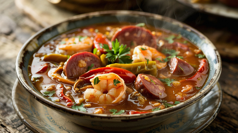 A bowl of seafood gumbo, with shrimp and sausage among the other ingredients