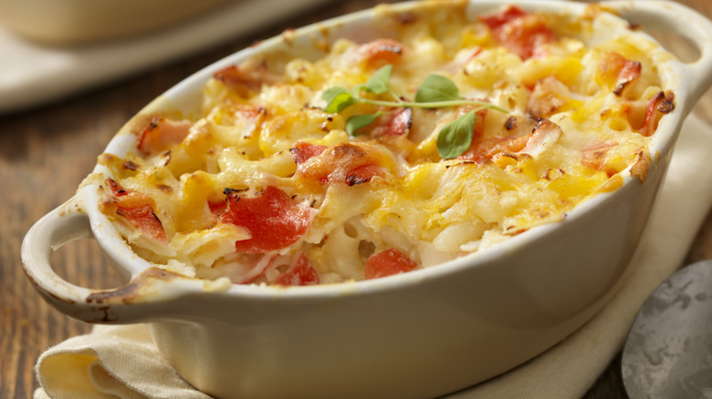 Bowl of baked lobster mac and cheese