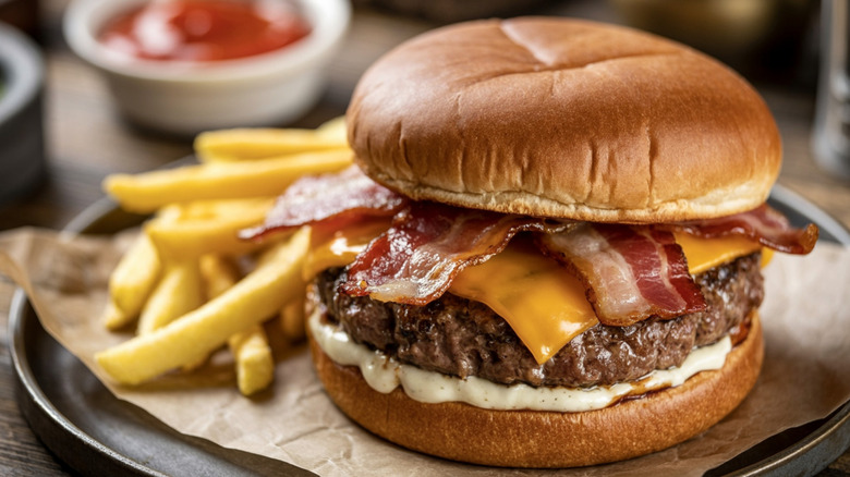 Burger with bacon and cheese on plate with fries