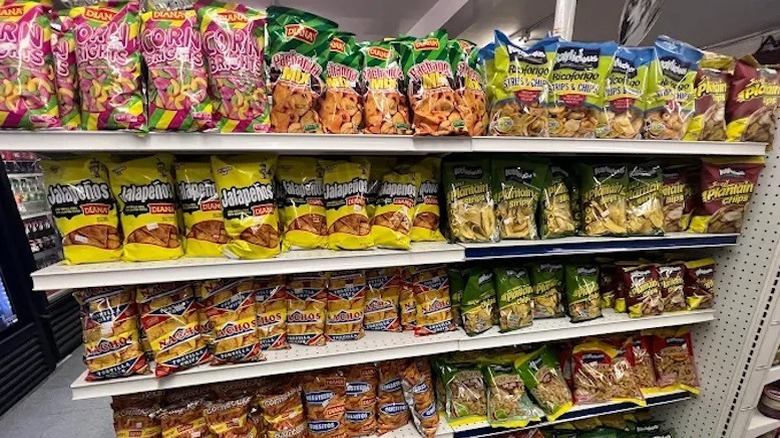 Shelves of imported Mexican and Central American chips
