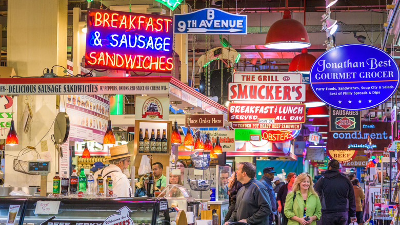 Rows of vendors inside Philadelphia's Reading Terminal Market