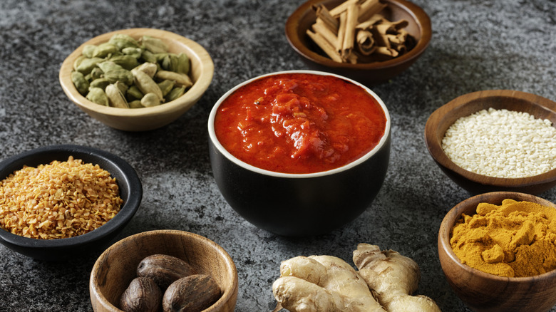 Harissa with spices on a table