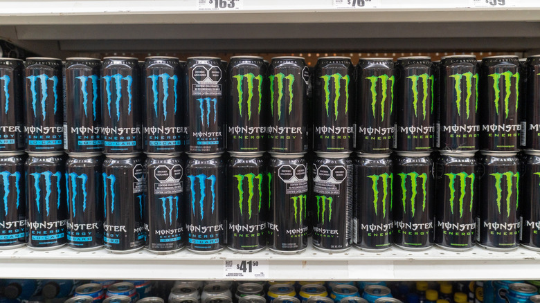 Shelf stocked with Monster