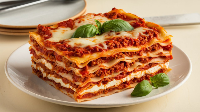 Plate of lasagna with a sprig of fresh basil