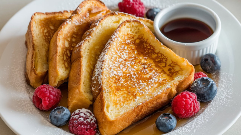 Plate of French toast with maple syrup and fresh berries