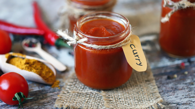 Glass jar filled with ketchup with a tag reading curry next to a spoon of curry spice and a tomato