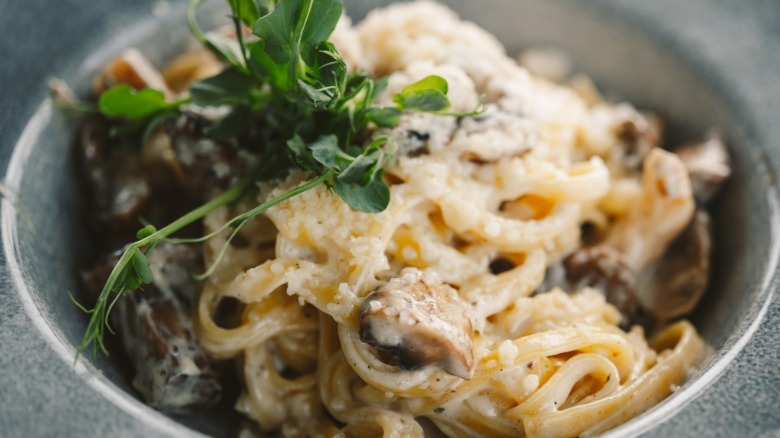 A bowl of creamy pasta with mushrooms