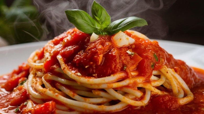 steaming plate of spaghetti with marinara sauce