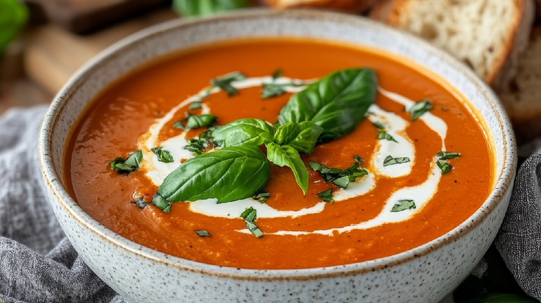 Bowl of tomato soup bisque topped with cream and basil