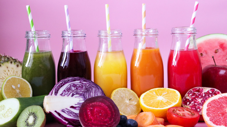 Colorful juices in bottles
