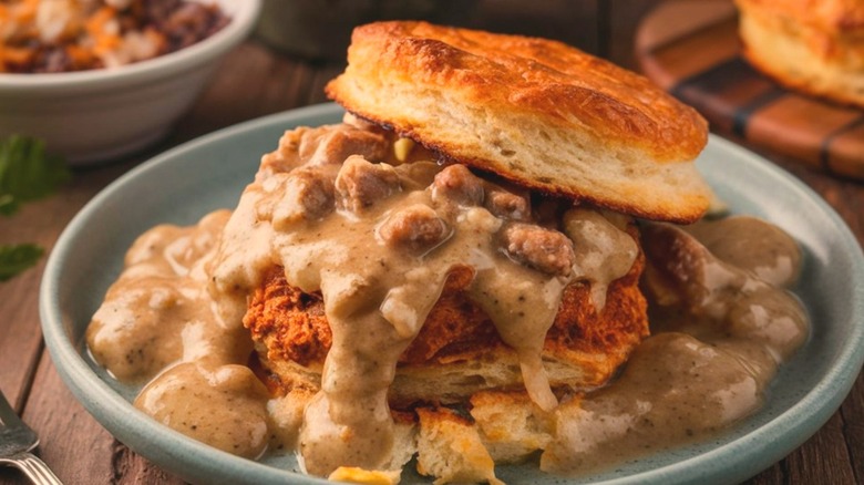 Southern breakfast biscuit with gravy sauce