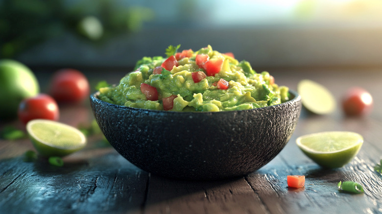 Bowl of guacamole in a black bowl on a wooden table surrounded by limes and tomatoes