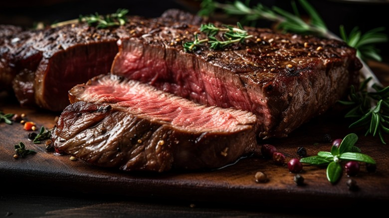 Freshly sliced steak with herbs