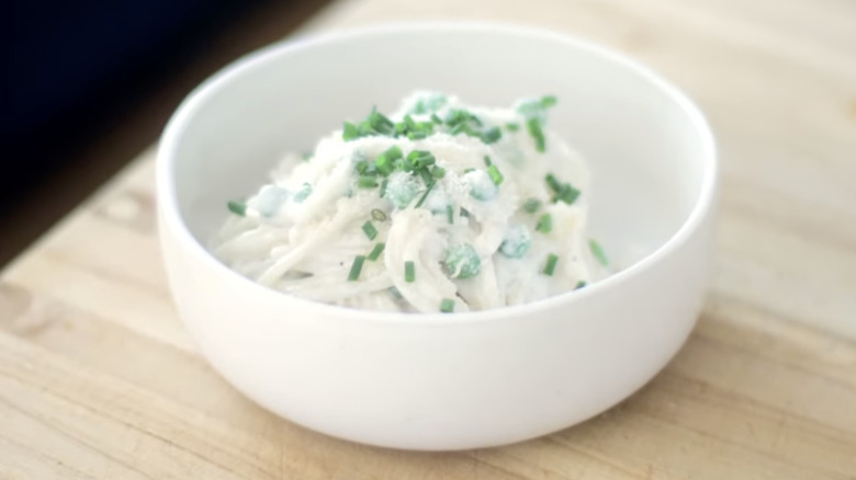 Bowl of cottage cheese Alfredo pasta