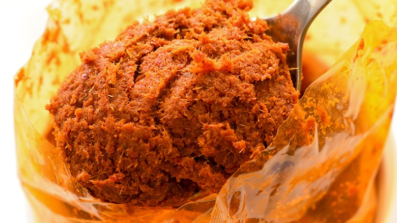 A spoon full of thai red curry paste