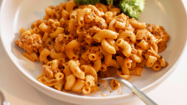 Hamburger Helper in a white bowl