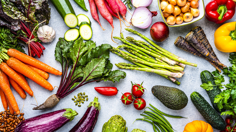 Overhead view of fresh healthy organic vegetables background