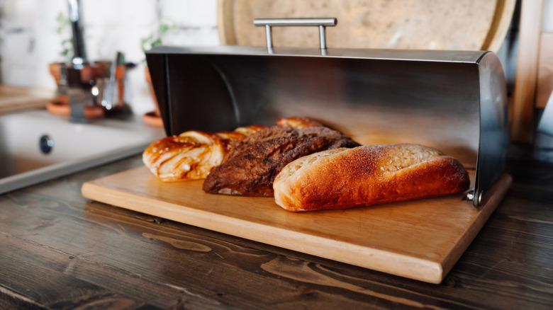 metal and wood bread box