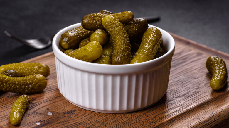 A bowl of pickled cucumbers — a key ingredient in pickle pie