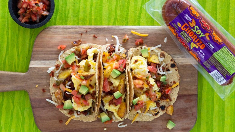 Trader Joe's soy chorizo on a cutting board