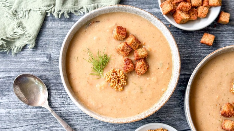 Vegan Nordic-style creamy cabbage soup in serving bowl with croutons, dill, and pickled mustard seeds