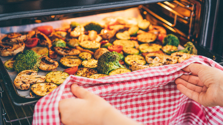 bringing roasted vegetables outside of the oven
