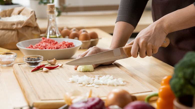 Onions being diced