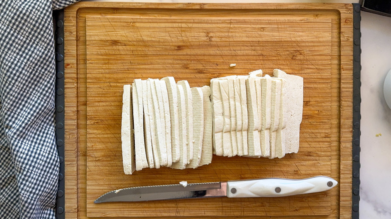 sliced tofu on board
