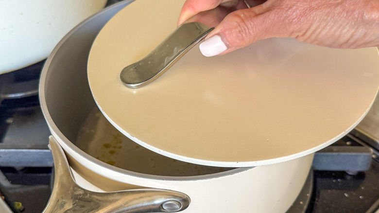 hand covering pot with lid