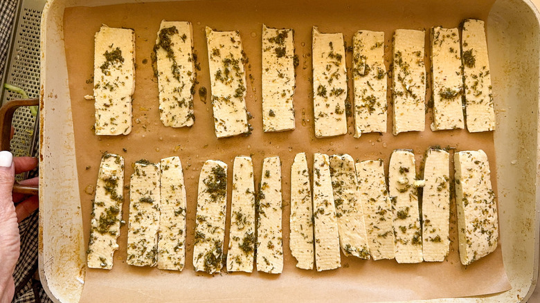 sliced tofu on sheet pan