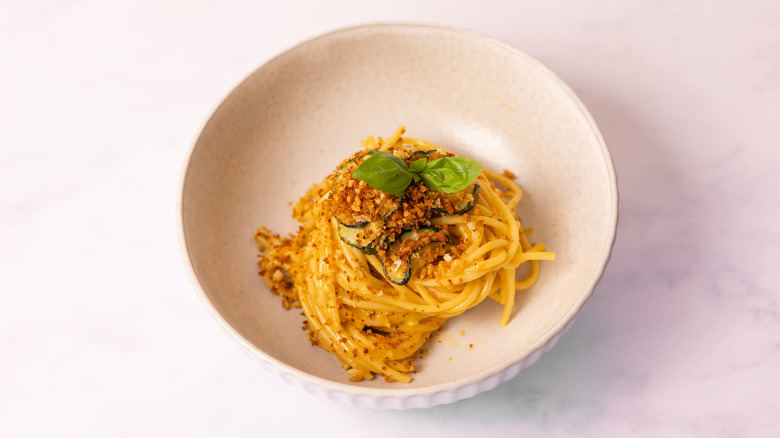 garnished pasta in bowl 