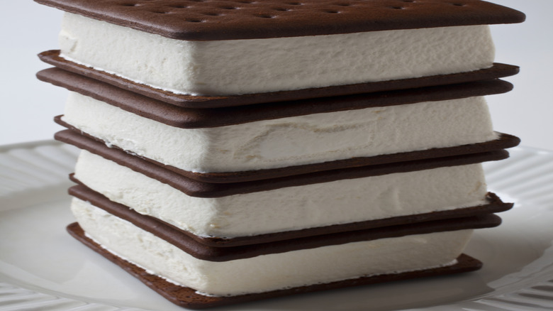 Ice cream sandwiches stacked on white background