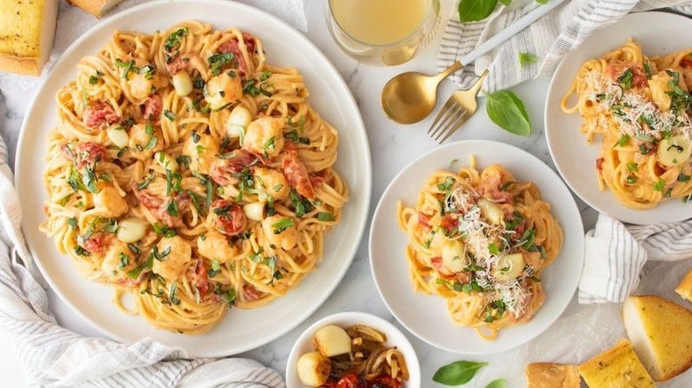 Lobster pasta on plates