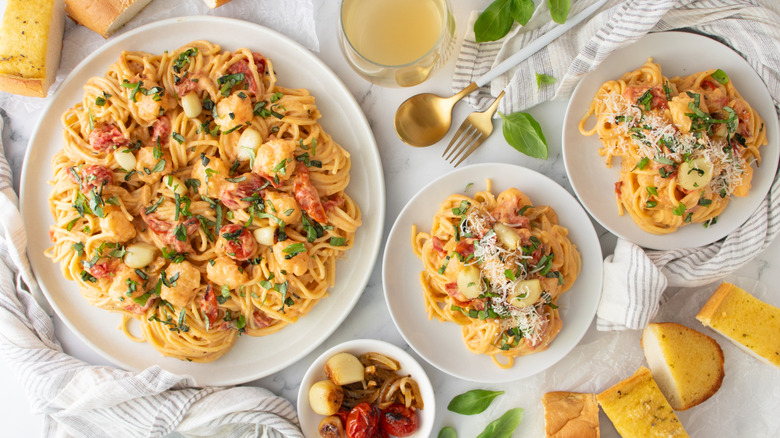 Lobster pasta on plates