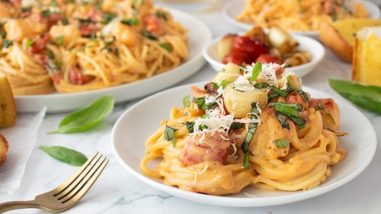 Lobster pasta serving on plate