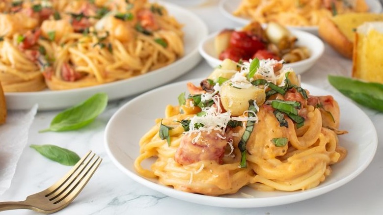 Lobster pasta serving on plate