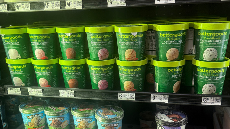 Bettergoods plant-based ice creams on a shelf in the freezer aisle.