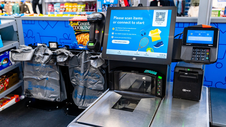 Self-checkout register at Walmart.