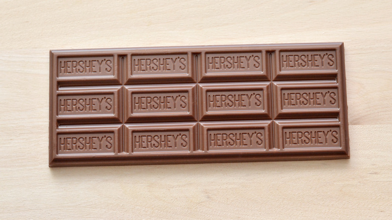 A Hershey's chocolate bar without the wrapper