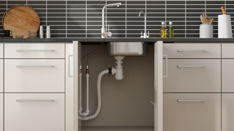 An open under-the-sink cabinet in a minimalist kitchen, with clean lines and black and white accents