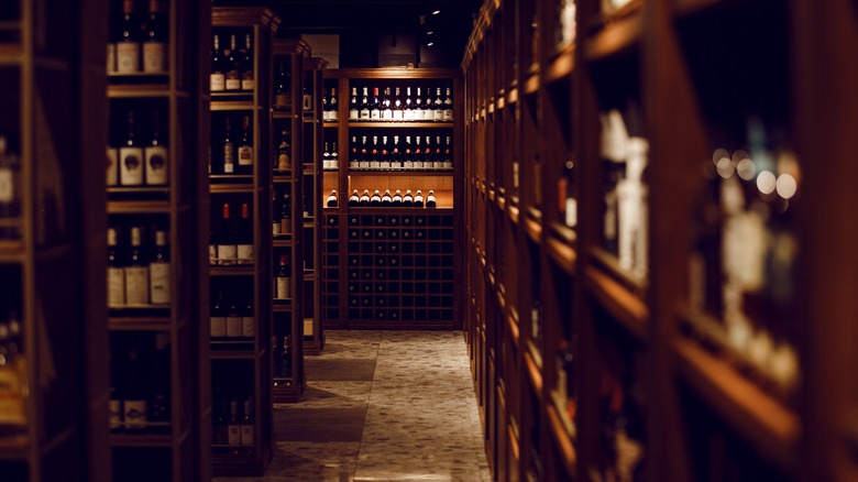 wine cellar shelves full