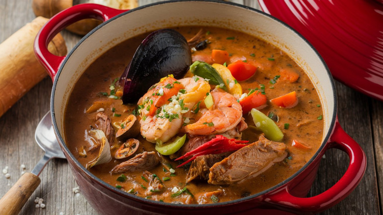 Pot of seafood gumbo.